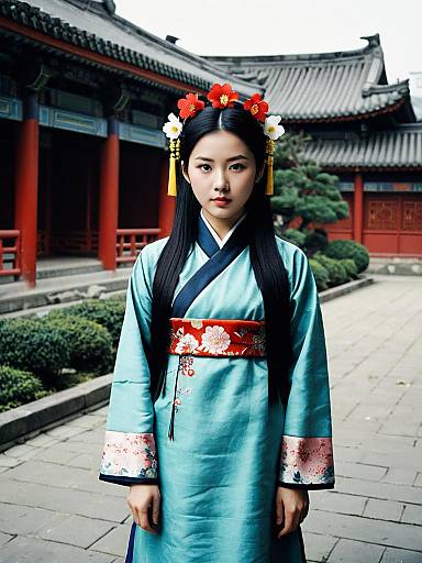 Photograph of an Asian woman in a light blue kimono with red floral sash, black hair adorned with red and white flowers, standing in a