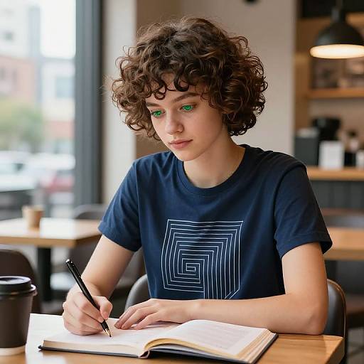Photograph of a young boy with curly brown hair and green eyes, wearing a navy blue t-shirt with a geometric design, writing in an open notebook