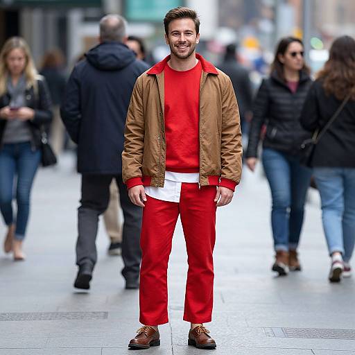 Photograph of a smiling man in red outfit with brown jacket, white shirt, and red pants, standing on a busy city street. Blurred pedestrians