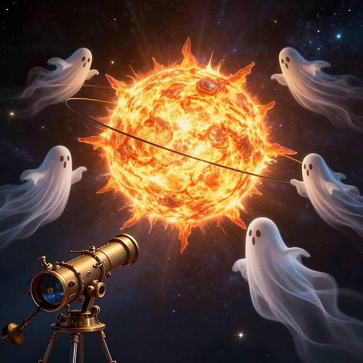 Digital illustration: Bright, fiery sun in space, surrounded by six ghostly white spirits, with a vintage telescope in the foreground.