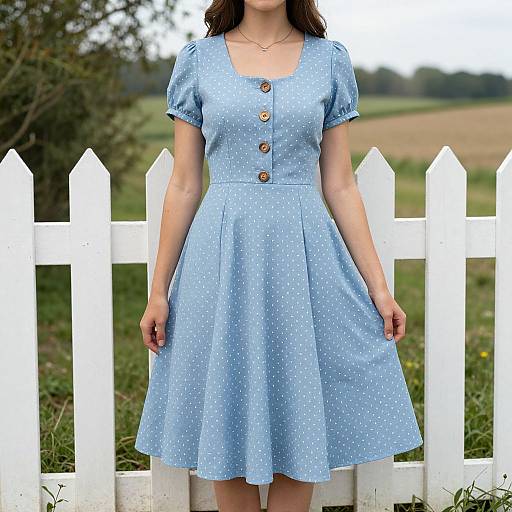 Photograph of a woman in a light blue, short-sleeved, polka-dot dress with brown buttons, standing in front of a white pick