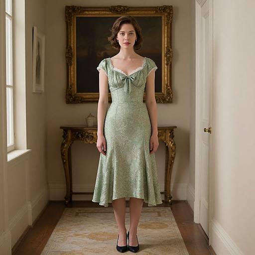 Photograph of a Caucasian woman with short brown hair, wearing a light green lace dress and black heels, standing in a dimly lit hallway with an