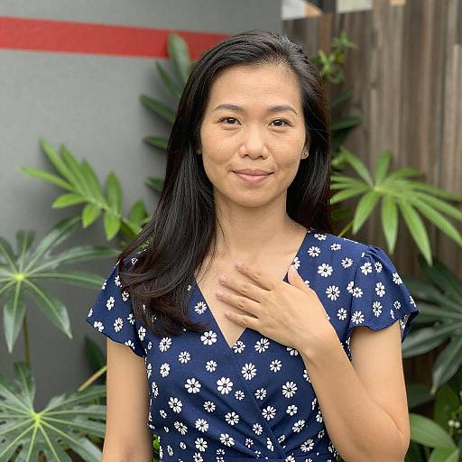 Asian Woman in Floral Blue Dress