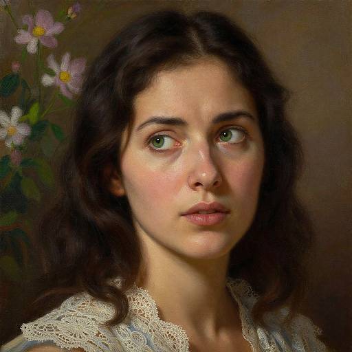 Photorealistic digital portrait of a young woman with olive skin, green eyes, wavy dark brown hair, lace collar, and soft pink flowers in
