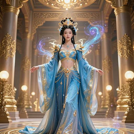 Digital illustration of an Asian woman in a blue, gold-accented, ethereal dress with flowing sleeves and crown, surrounded by glowing blue energy in
