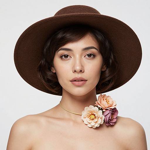 Photograph of a fair-skinned, dark-haired woman with a brown wide-brimmed hat, wearing a floral choker with pink and peach roses