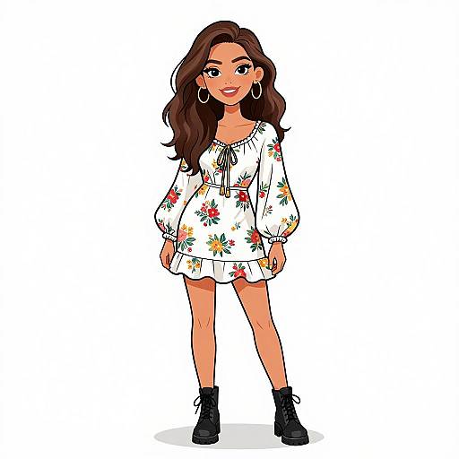 Cartoon-style illustration of a smiling young woman with long brown hair, wearing a white floral dress, black boots, and large hoop earrings, standing against