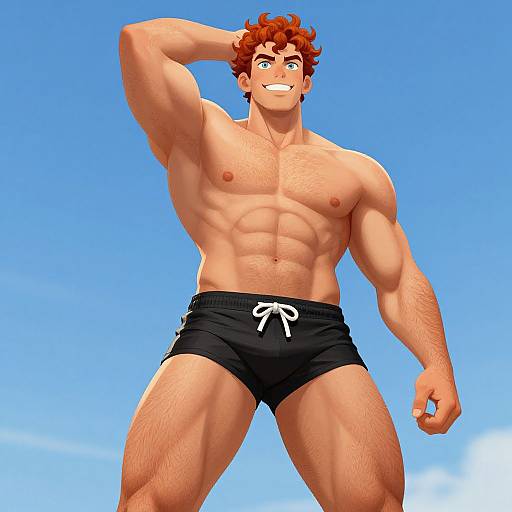 Digital anime-style drawing of a muscular, red-haired man with fair skin, wearing black swim trunks, posing confidently against a clear blue sky.