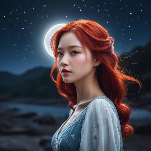 Serene Woman with Red Hair in Moonlight
