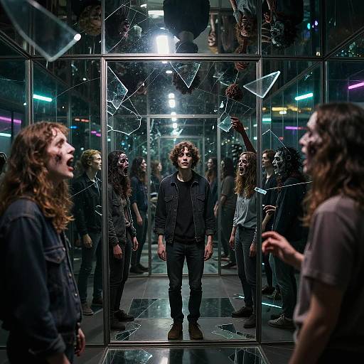 Photograph of a man with curly hair and black jacket, standing center in a glass-walled, dimly lit, mirrored room, surrounded by aggressive