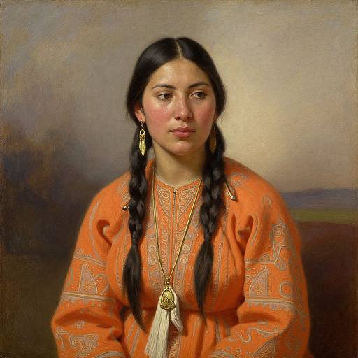 Digital painting of a young Native American woman with long black braids, wearing an orange patterned blouse, gold necklace, and tassel, against a