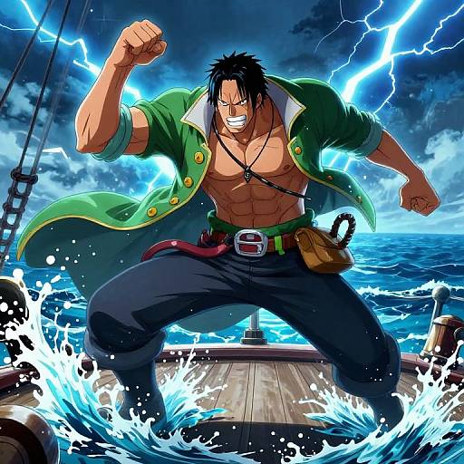 Anime-style digital illustration of a muscular, black-haired man in a green coat, flexing on a stormy ship deck with lightning and crashing waves.