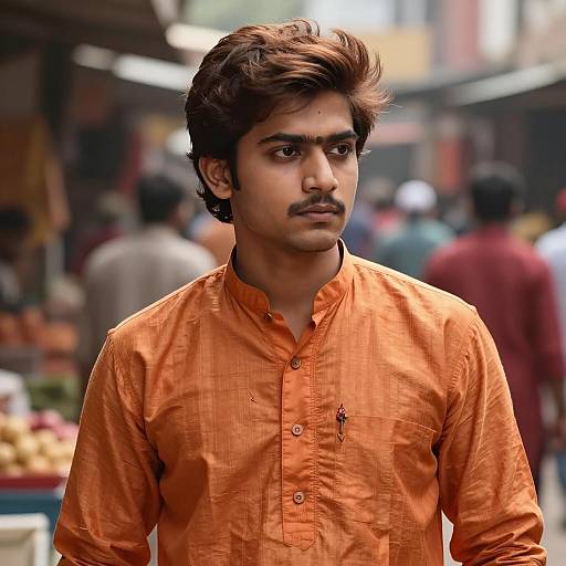 Young Man in Orange Traditional Indian Shirt