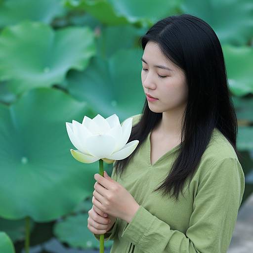 Photograph of an East Asian woman with long black hair, wearing a green blouse, gently holding a white lotus flower in a lush, green l