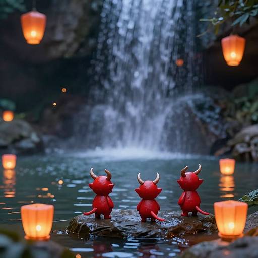 Photograph of three small red, horned devil figures standing in a tranquil, illuminated pond with a cascading waterfall and glowing lanterns.
