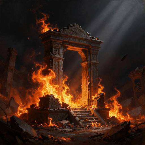 Photograph of a burning, classical stone archway with intense orange flames, dark smoke, and broken debris, illuminated by rays of light.
