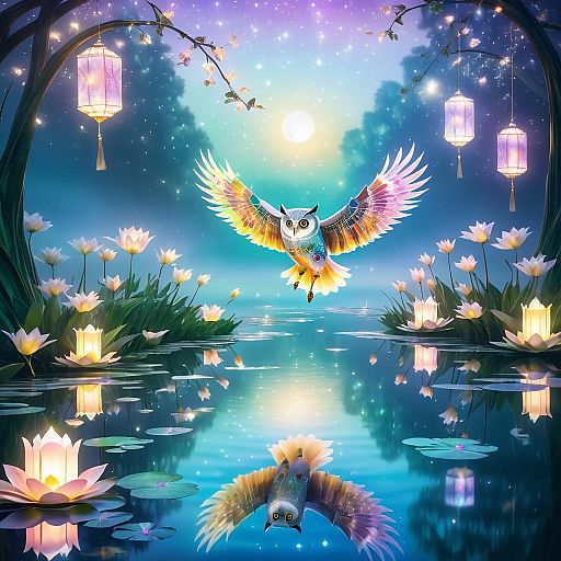 Magical Owl Over Iridescent Lake Magical Owl Over Iridescent Lake