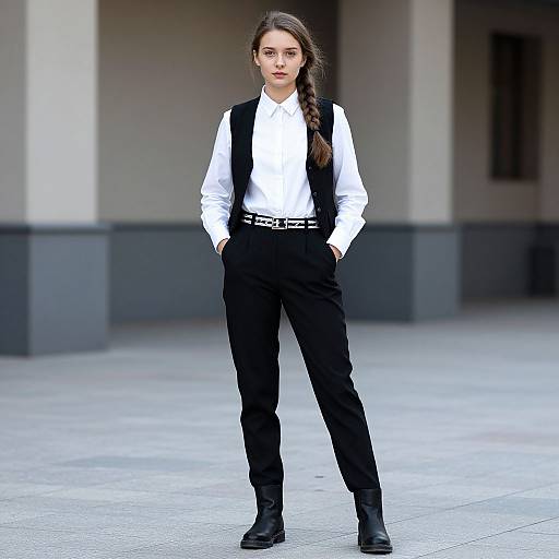 Photograph of a young woman with long brown braid, wearing a white shirt, black vest, and pants, standing confidently in an urban outdoor setting