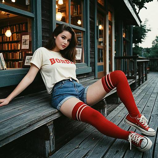Young Woman in Vintage Band T-Shirt and Red Stockings Sitting on Wooden Boardwalk