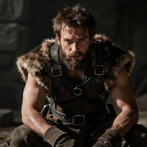 Crouched Rugged Warrior in Dramatic Light