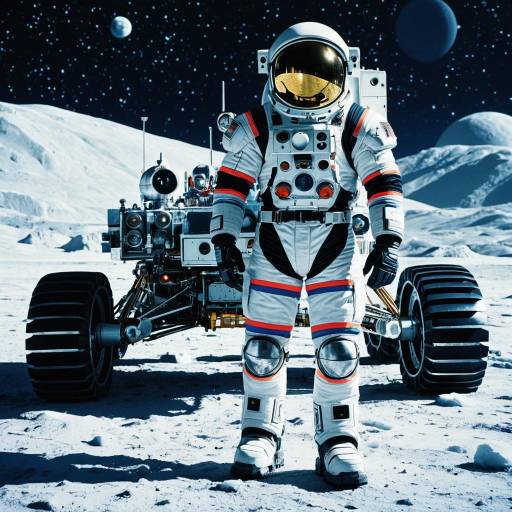 Cybernetic Astronaut with Lunar Rover on Icy Moonscape