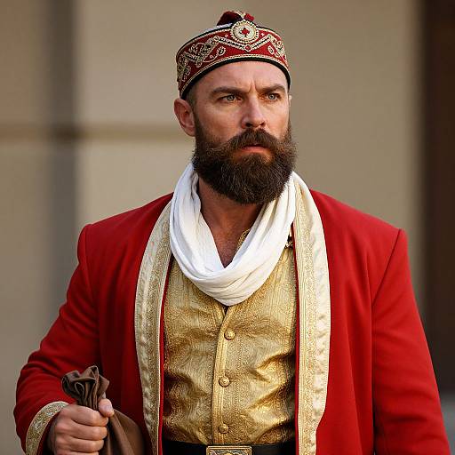 Photograph of a bearded man with a serious expression, wearing a red embroidered robe, gold shirt, white scarf, and ornate red cap.