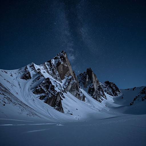 Photograph of a snowy, mountainous landscape at night under a starry, deep blue sky; prominent jagged peaks and sparkling snow.