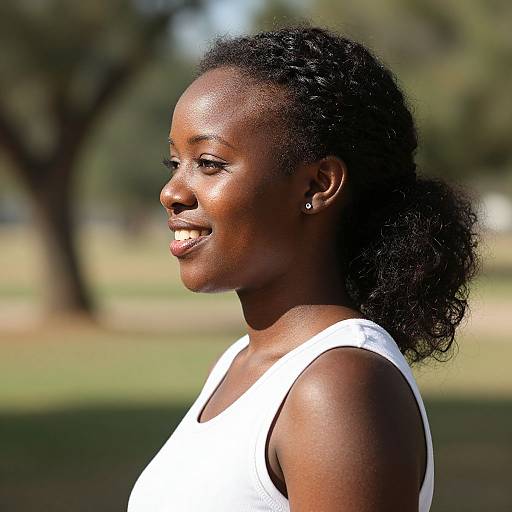 Photograph of a smiling, dark-skinned African woman with curly hair, wearing a white tank top, outdoors in a sunlit park.