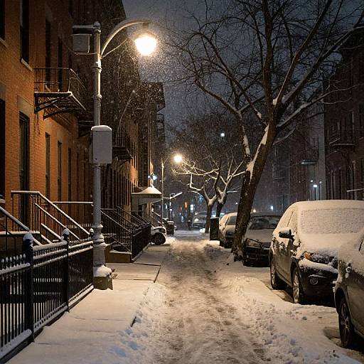 Photograph of a snow-covered urban street at night, lit by street lamps, with parked cars, leafless trees, and brick buildings.