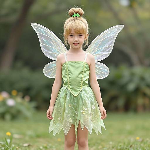 Photograph of a blonde, fair-skinned young girl with translucent fairy wings, wearing a green, strapless, leaf-like fairy dress, standing in