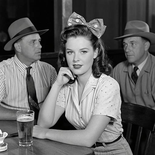Black-and-white photograph of a 1940s-style woman with a bow headband, polka dot blouse, and two men in striped shirts and