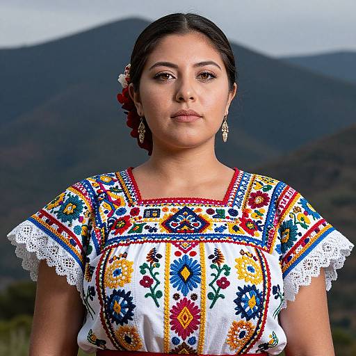 Photograph of a young Latina woman with dark hair, wearing a colorful embroidered traditional dress, standing against a mountainous background.