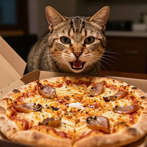Photograph of a tabby cat with wide eyes and open mouth, staring at a pizza with pepperoni and mushrooms in an open box.
