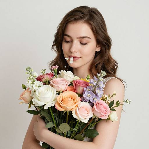 Photograph of a young woman with long brown hair, closed eyes, and light makeup, holding a bouquet of pink, white, and yellow roses against