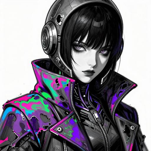Digital anime-style portrait of a black-haired woman with intense eyes, wearing a neon-colored, camouflage-patterned jacket and a cybernetic helmet.