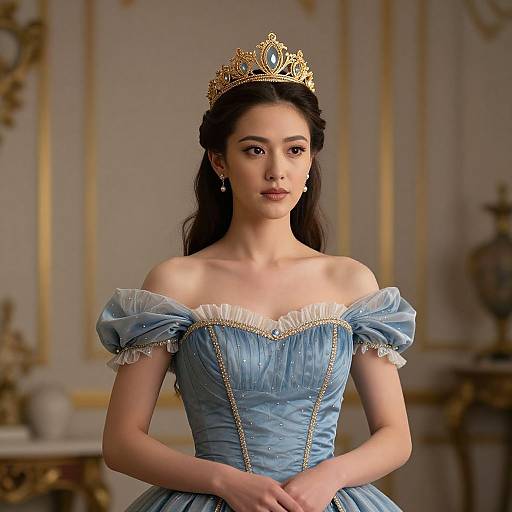 Photograph of an East Asian woman with fair skin and dark hair, wearing a blue off-shoulder ball gown and golden tiara, standing in