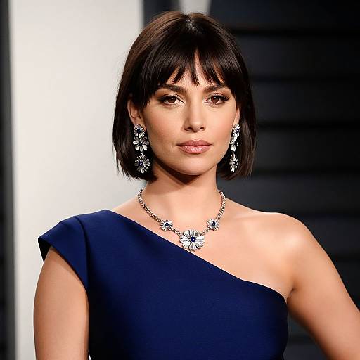 Photograph of a woman with short black hair, wearing a navy one-shoulder dress, silver star-shaped earrings, and matching necklace, against a