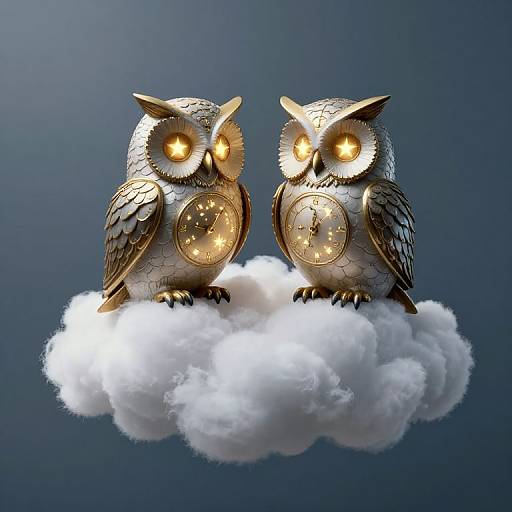 Photograph of two illuminated, metallic owls with glowing eyes and intricate feather details, perched on a fluffy white cloud against a dark blue gradient background