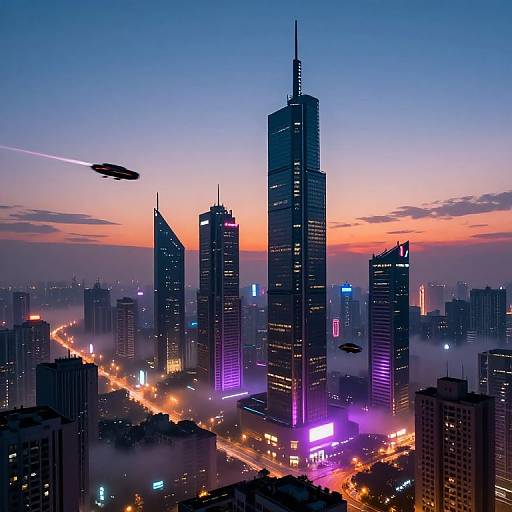 Photograph of a futuristic cityscape at sunset, featuring tall, illuminated skyscrapers with neon lights, two flying saucers, and a winding