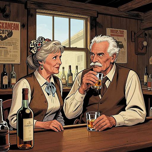 Illustration of an elderly white couple sitting at a wooden bar, sipping whiskey, wearing vests and ties, with bottles and posters in the background.