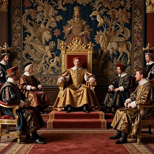 Photograph of six medieval kings in ornate, gold-trimmed robes and crowns, seated on red-cushioned thrones in a rich