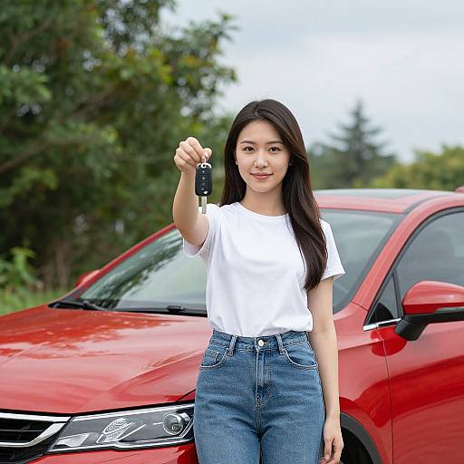 Confident Woman with New Red Car