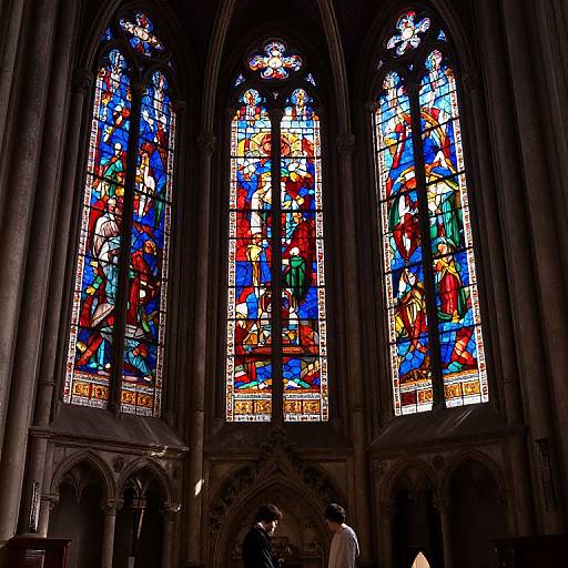 Photograph of vibrant, multi-colored stained glass windows in a Gothic-style cathedral, depicting biblical scenes with intricate details and arches.