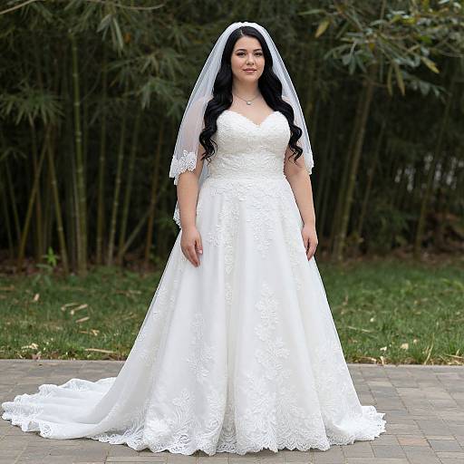 Photograph of a plus-sized woman with long black hair in a white lace wedding dress and veil, standing on a paved path with bamboo in the background