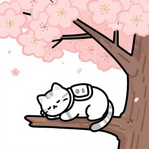 Whimsical digital drawing of a white and gray striped cat sleeping on a brown tree branch beneath pink cherry blossoms.