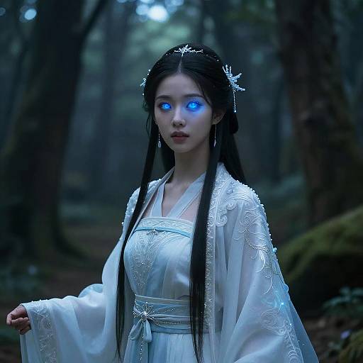 Fantasy Woman with Glowing Blue Eyes in Mystical Forest