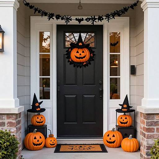 Photograph of a black front door adorned with a carved jack-o'-lantern wreath, surrounded by orange pumpkins and witch hats, set against