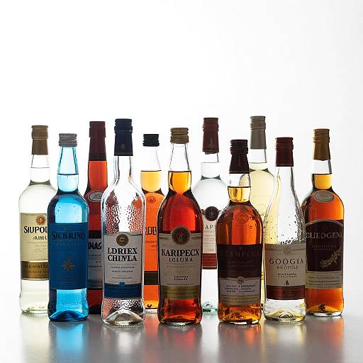 Vibrant Liquor Bottles on Glossy Surface