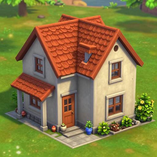 Cartoon Style Two-Story House with Red Roof
