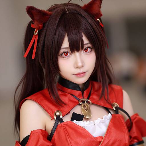 Photograph of an Asian woman with fair skin, red eyes, and long dark brown hair, wearing cat ears, red cosplay outfit, and black ch